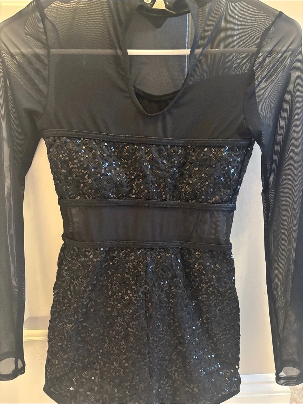 Black Sequin Mesh Long-Sleeve Romper Dress